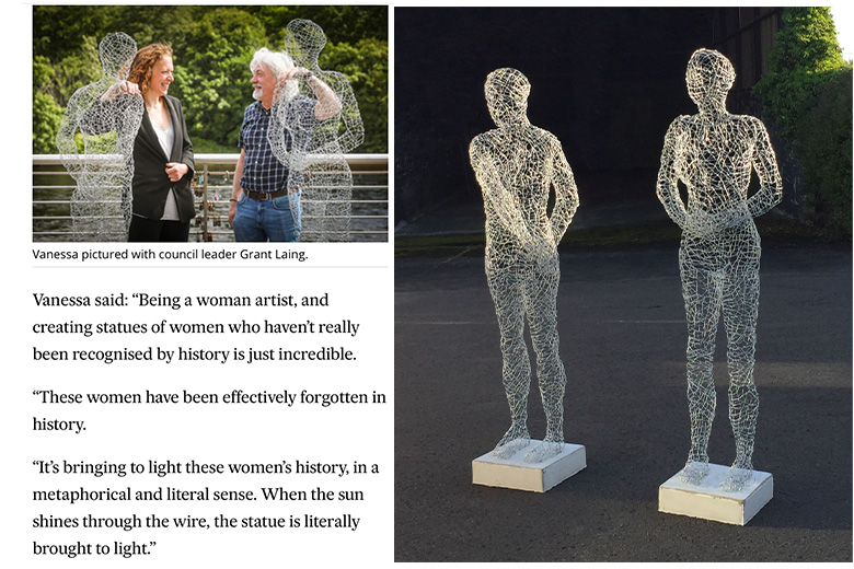 Raise The Roof, Perth - Twenty life size wire women sculptures bringing to light the story of these incredible women from Perth & Kinross over the years.
'Raise the Roof has been an incredible project to be involved in and a great honour to be asked to create twenty wire women sculptures.  Being a woman artist, bringing to life the stories of these inspirational women who have not been recognised throughout history, through my sculptures, has been a wonderful experience.'
