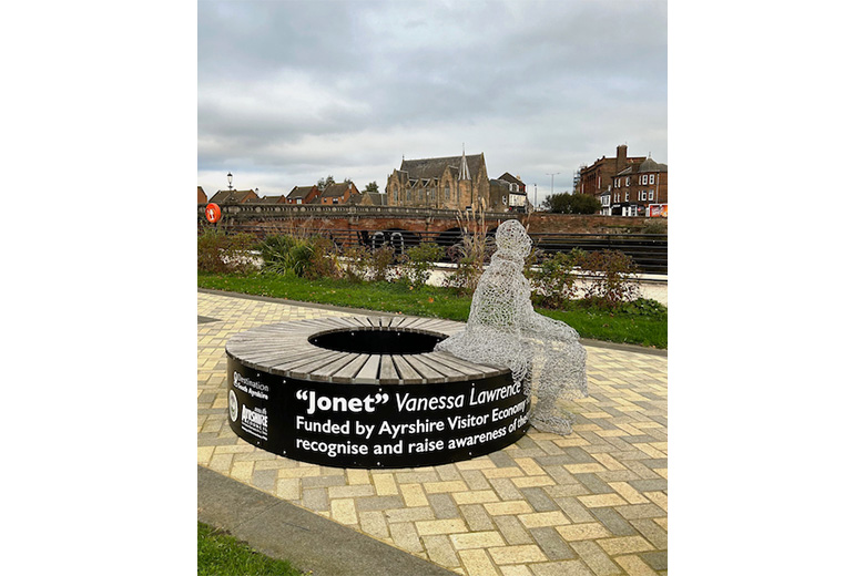 'JONET' - Wire - I am honoured to have been commissioned to create a sculpture of a fisherwoman as a memorial to remember those accused of witchcraft in South Ayrshire. Jonet sits at the bottom of Ayr High Street outside the Cutty Sark. She sits where so many would sit looking out over the river Ayr across to the Auld Brig.